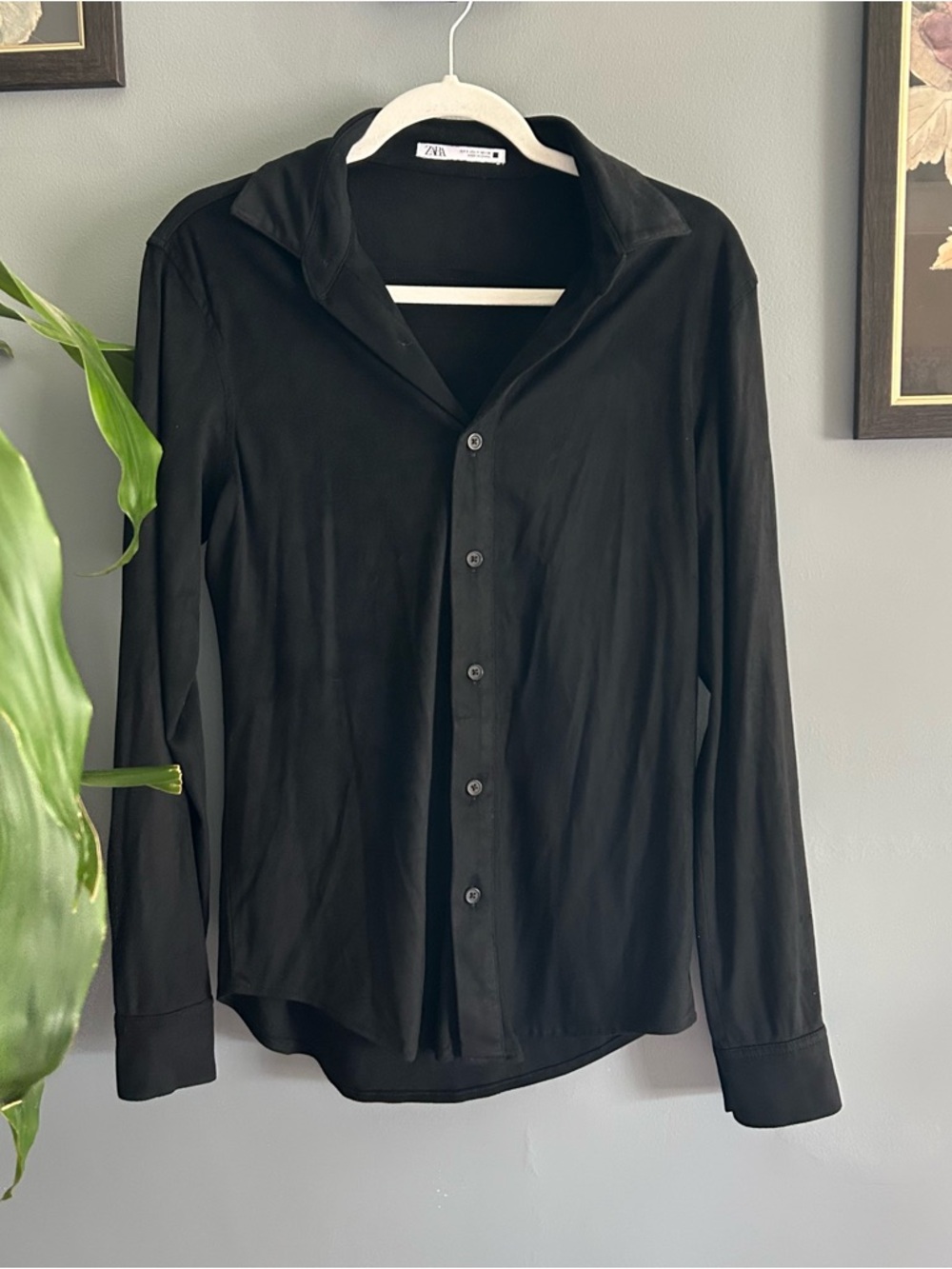 Zara Black Suede Button-Up Shirt Small Longsleeve